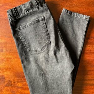 Men’s stretch skinny black denim, elastic waistband, size Large